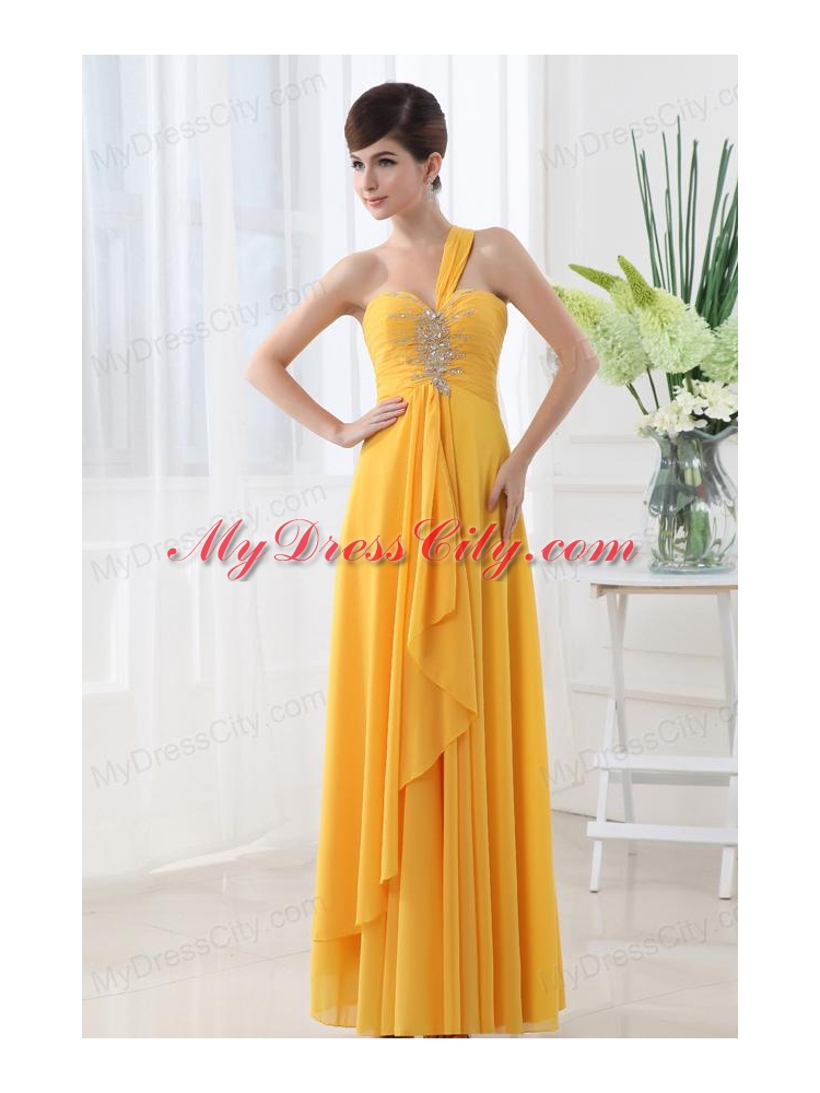 Empire Gold One Shoulder Beading and Ruching Chiffon Prom Dress