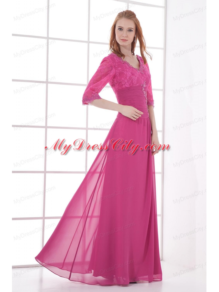 Empire V-neck Half sleevess Lace Pink Prom Dress