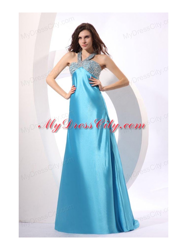 A-line Aqua Blue Halter Top Neck Beading Prom Dress with Sweep Train