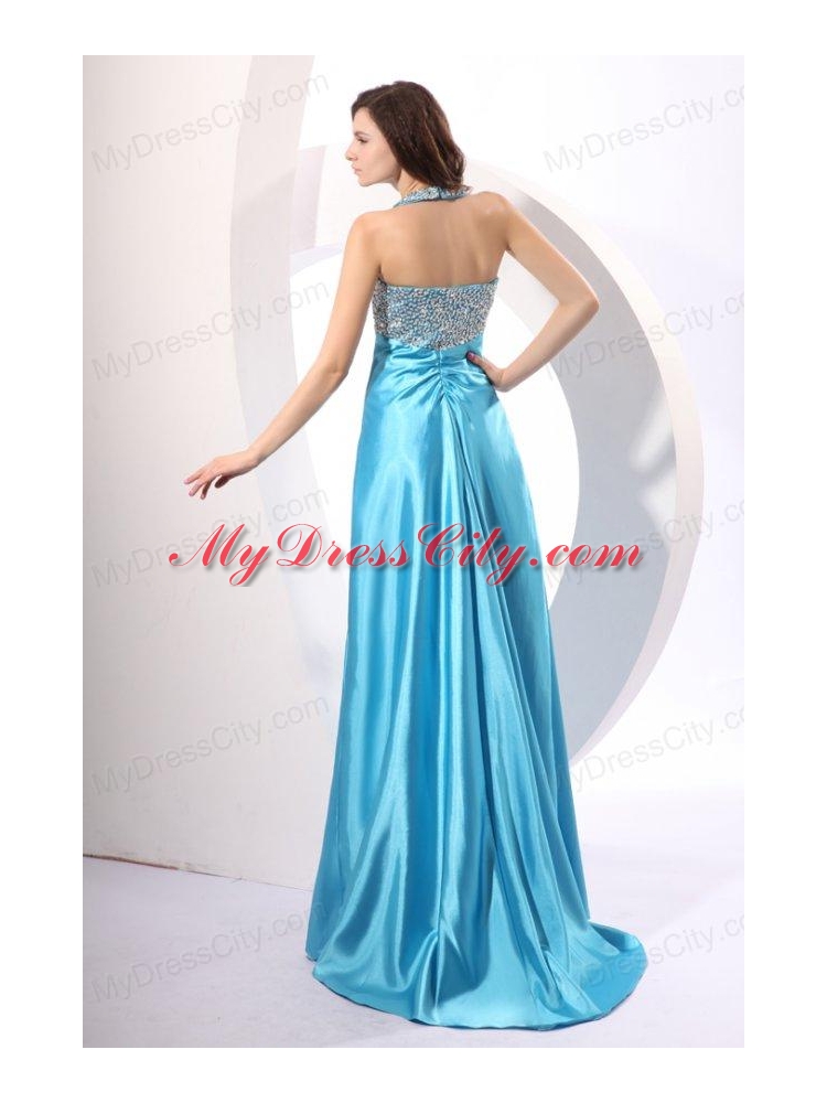 A-line Aqua Blue Halter Top Neck Beading Prom Dress with Sweep Train