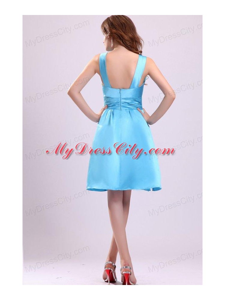 A-line Straps Short Aqua Blue Prom Dress with Ruche