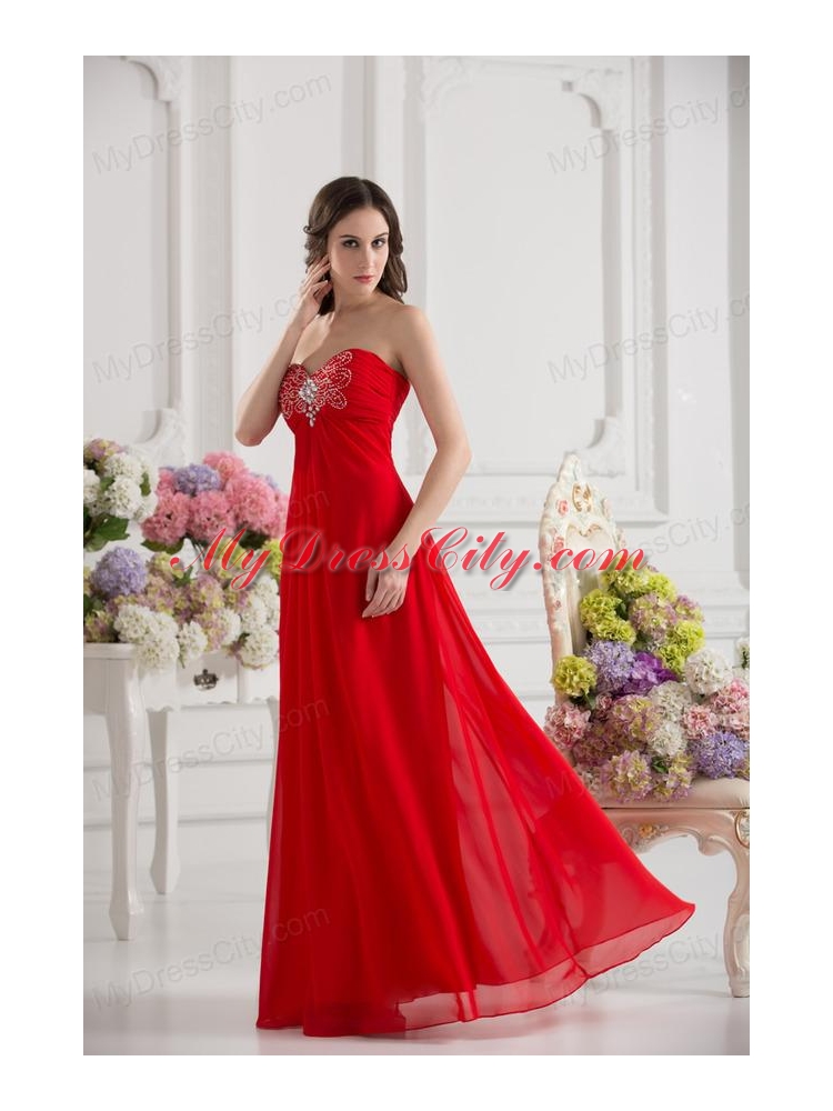 Empire Sweetheart Chiffon Beading Ruching Floor-length Prom Dress in Red