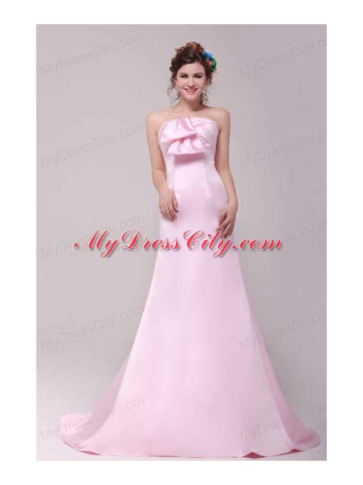 Formal 2014 Princess Strapless Bowknot Brush Train Prom Dress in Pink