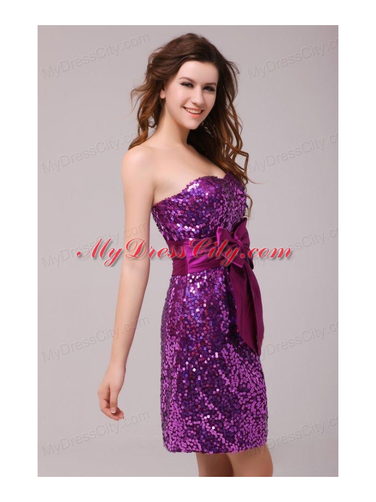 Fuchsia Sequin Sweetheart Sash Column Short Prom Dress