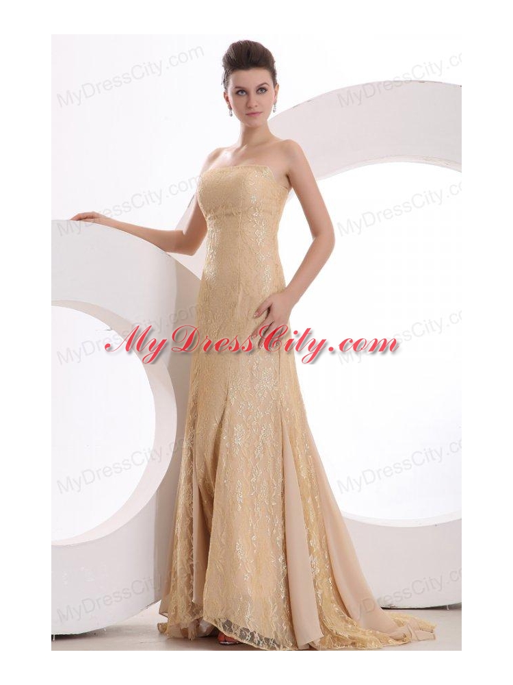 Informal Column Strapless Brush Train Lace Champagne Prom Dress