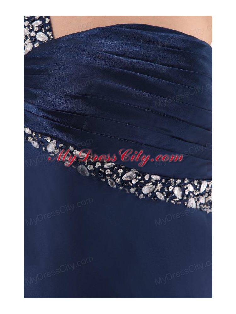 Navy Blue Column One Shoulder Ankle-length Elastic Woven Satin Beading Prom Dress with Criss Cross
