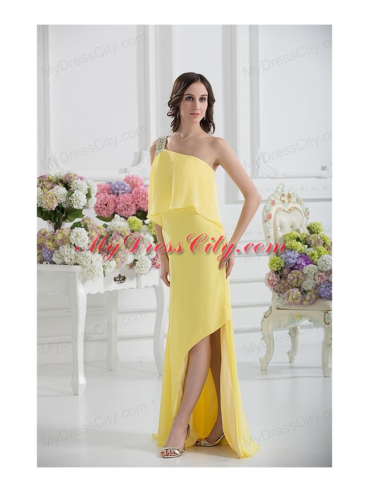 One Shoulder Column Ruching and Beading Prom Dress in Yellow