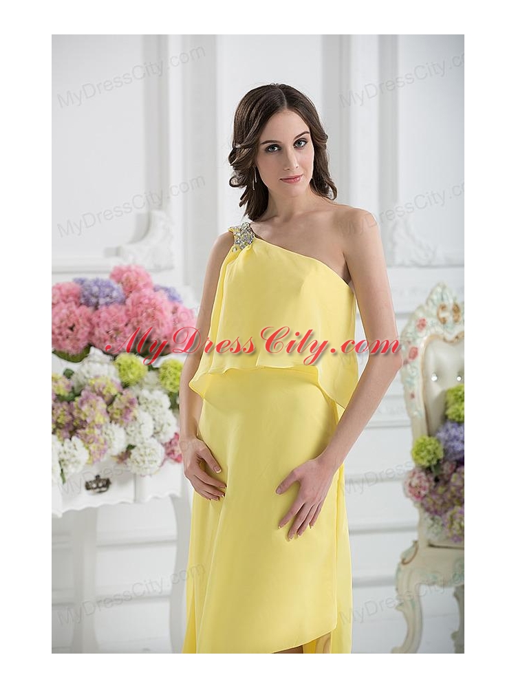 One Shoulder Column Ruching and Beading Prom Dress in Yellow