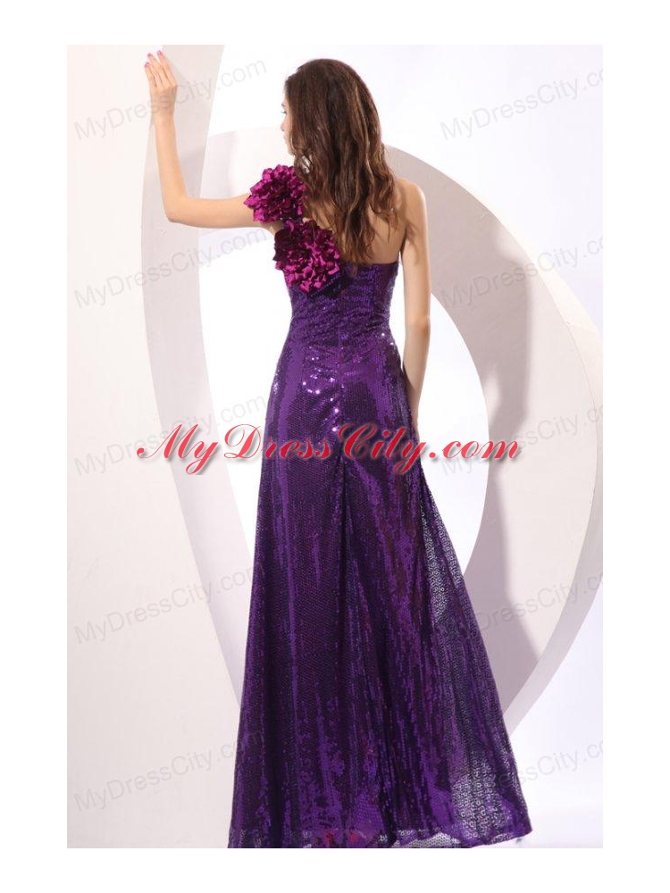 One Shoulder Purple Column Sequins Prom Dress with Hand Made Flowers