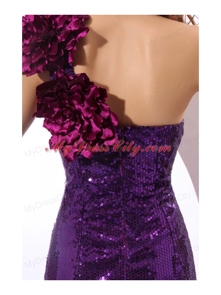 One Shoulder Purple Column Sequins Prom Dress with Hand Made Flowers