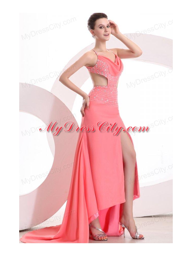 Watermelon Halter Top Neck High-low Beading Chiffon Prom Dress