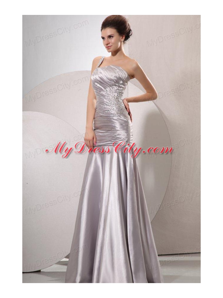 One Shoulder Silver Prom Dress with Beading and Ruching