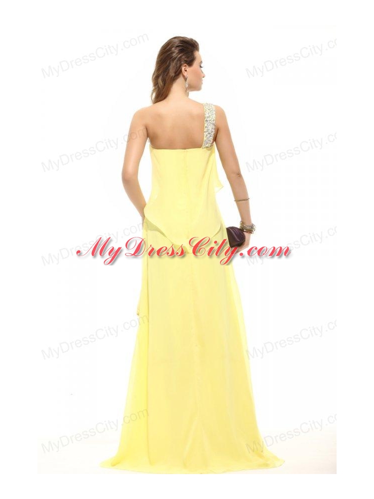 Simple Column Light Yellow One Shoulder Beading High-low Chiffon Prom Dress