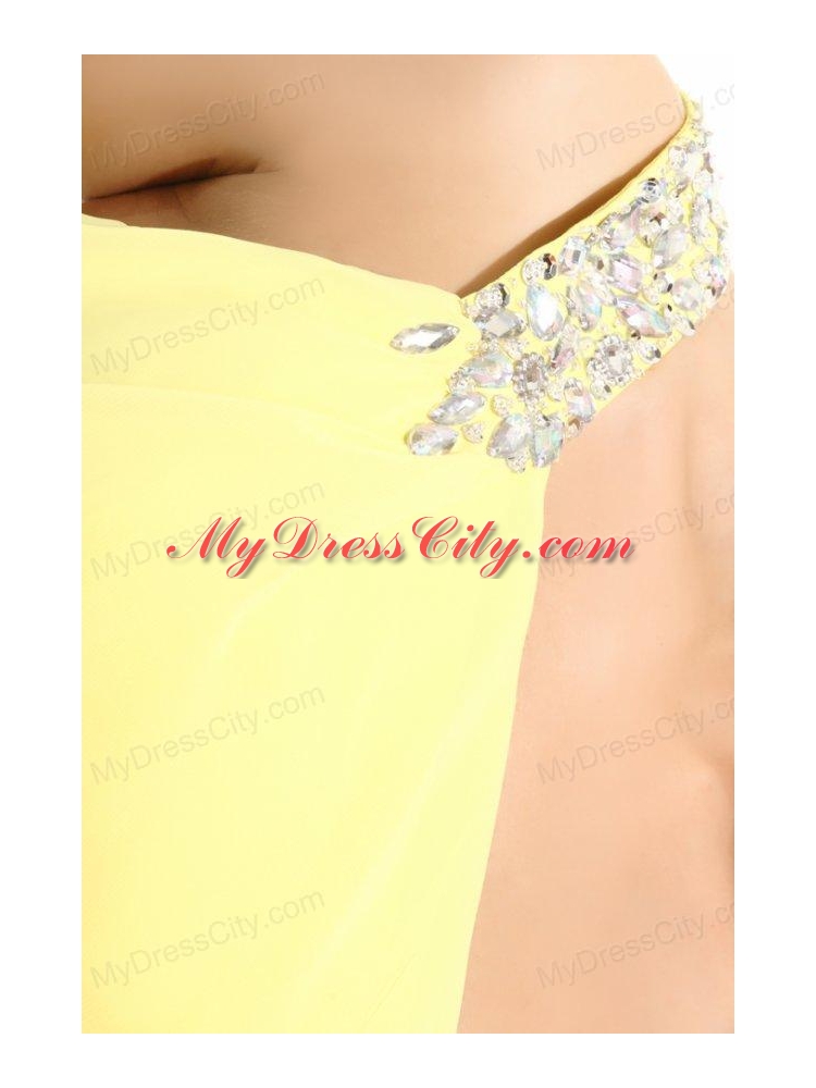 Simple Column Light Yellow One Shoulder Beading High-low Chiffon Prom Dress