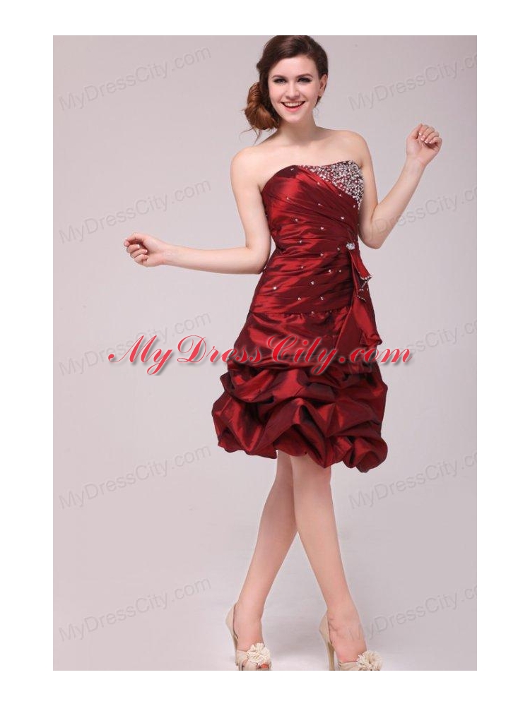 Strapless Knee-length Burgundy Prom Dress with Pick-ups and Beading