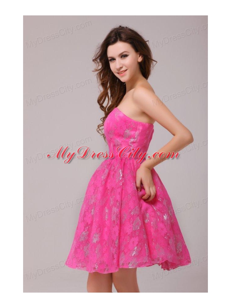 Aline Hot Pink Strapless Kneelength Prom Dress