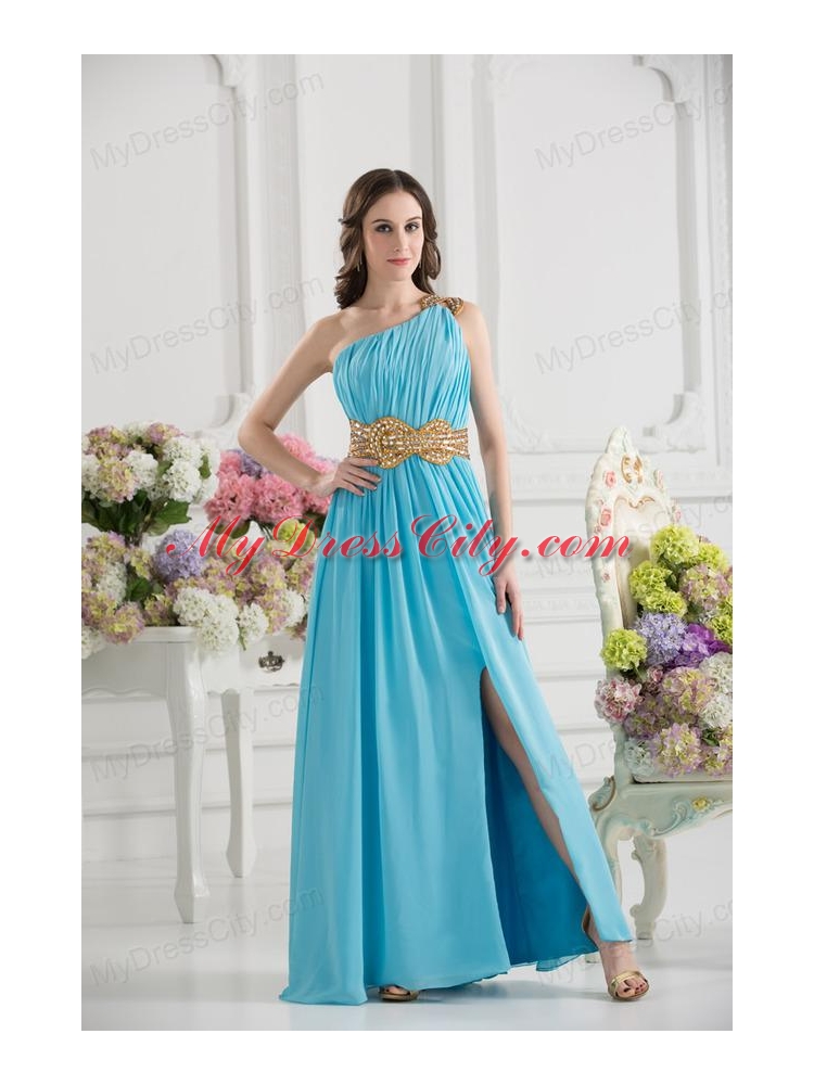 Aqua Blue Empire One Shoulder Floor-length High Slit Prom Dress