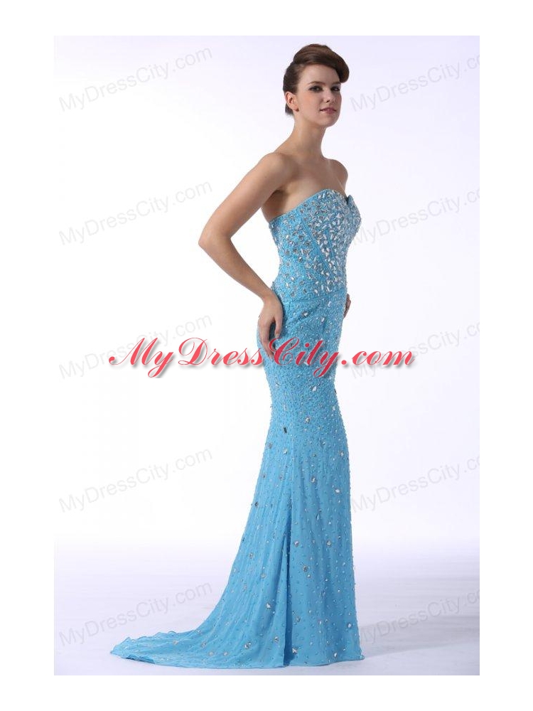 Aqua Blue Mermaid Sweetheart Brush Train Prom Dress with Beading