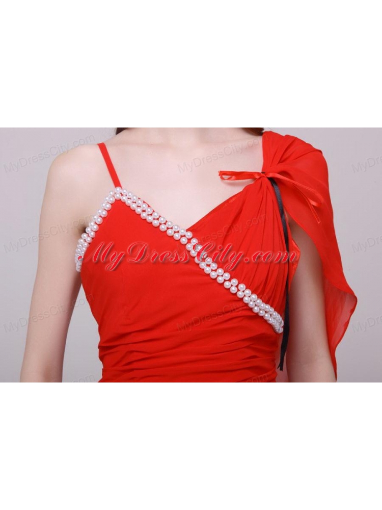 Column Red Asymmetrical Mini-length Beading Prom Dress with Chiffon