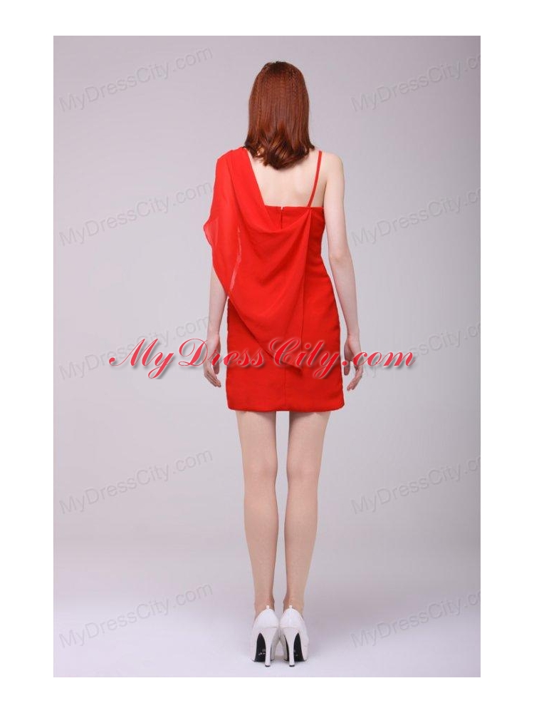 Column Red Asymmetrical Mini-length Beading Prom Dress with Chiffon