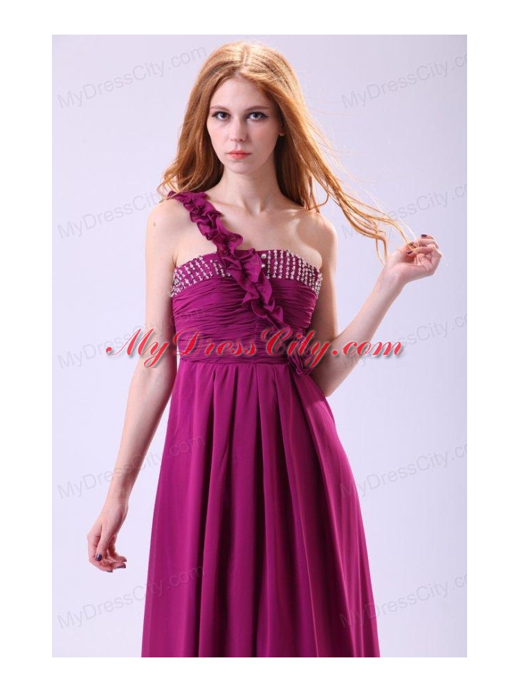 Empire One Shoulder Ankle-length Chiffon Purple Beading Prom Dress