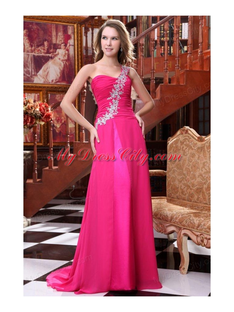 Empire One Shoulder Hot Pink Appliques and Ruching Brush Train Prom Dress