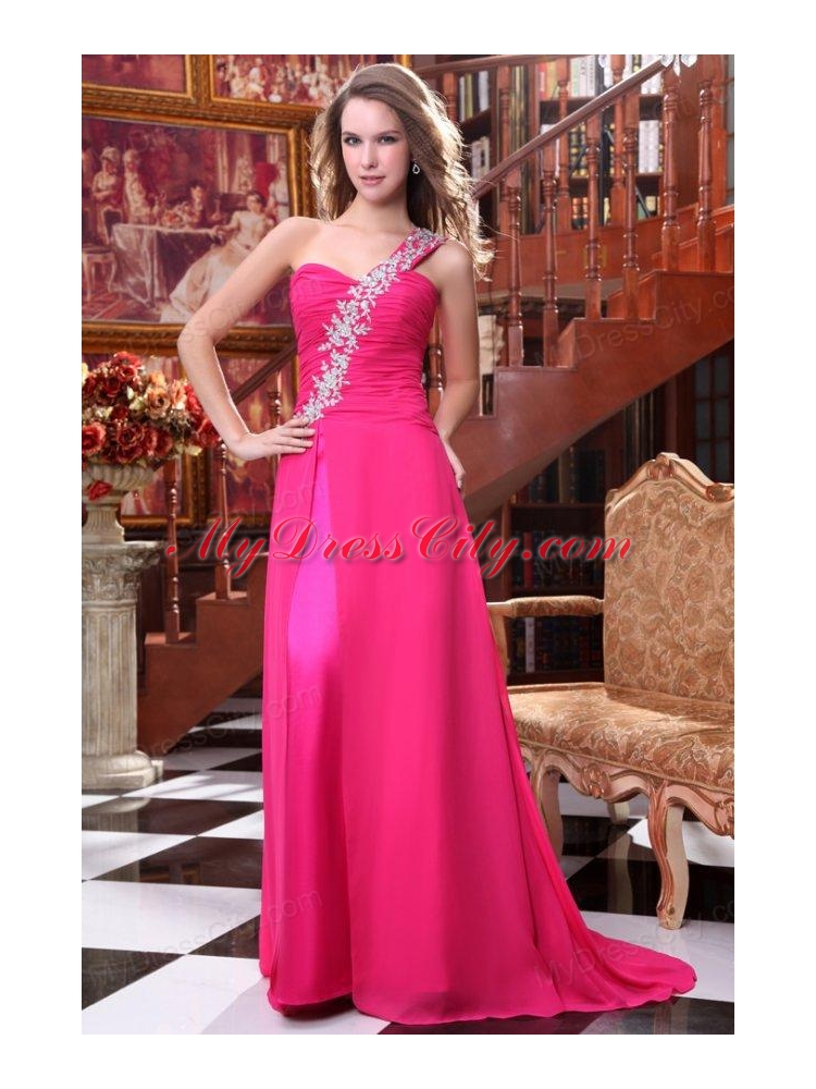 Empire One Shoulder Hot Pink Appliques and Ruching Brush Train Prom Dress