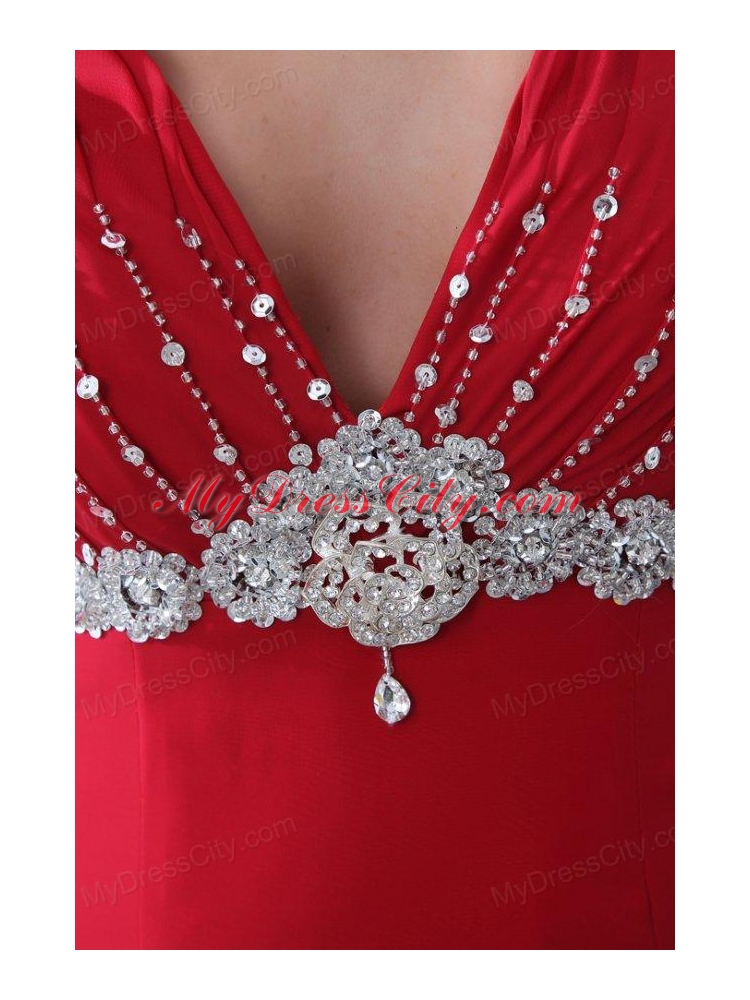 Empire V-neck Brush Train Beading Chiffon 2014 Spring Red Prom Dress