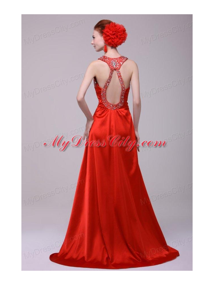 Informal Column Straps Brush Train Elastic Woven Satin Red Prom Dress