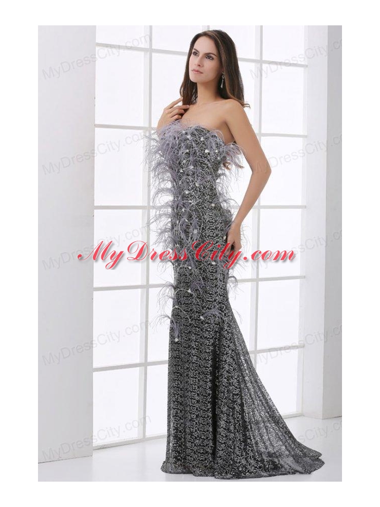 Mermaid Black Feather Strapless Sequins Brush Train Prom Dress