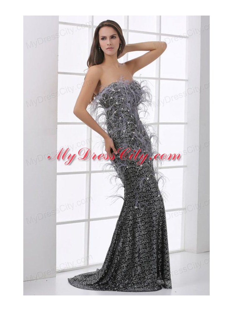 Mermaid Black Feather Strapless Sequins Brush Train Prom Dress