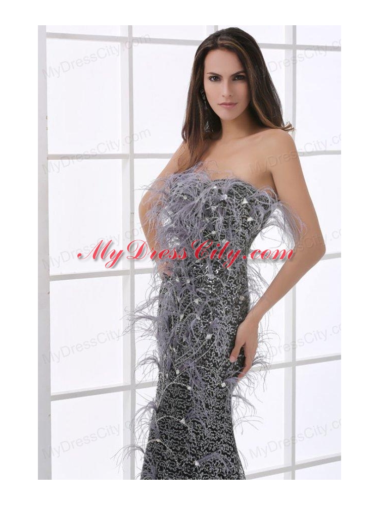 Mermaid Black Feather Strapless Sequins Brush Train Prom Dress