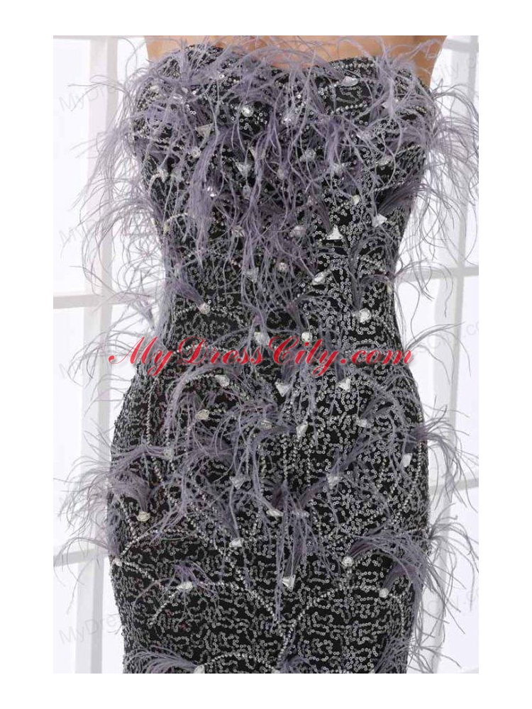 Mermaid Black Feather Strapless Sequins Brush Train Prom Dress