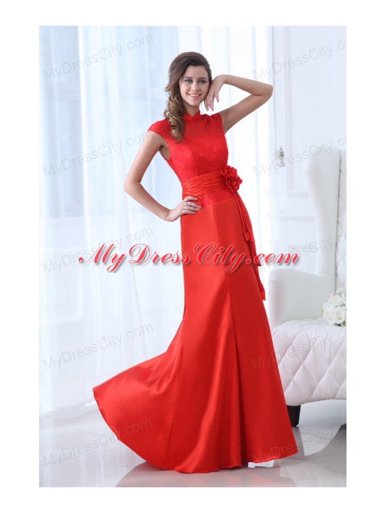 Modern Column Red Floor-length Lace Prom Dress with High Neck