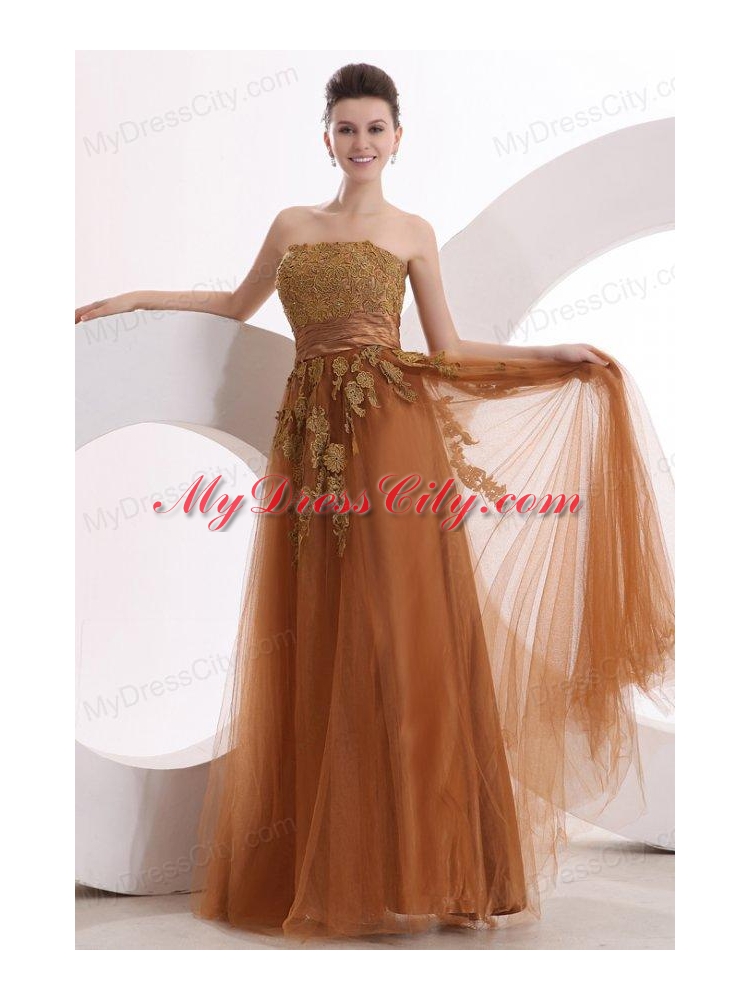 Popular Strapless Empire Floor-length Appliques Prom Dress in Brown