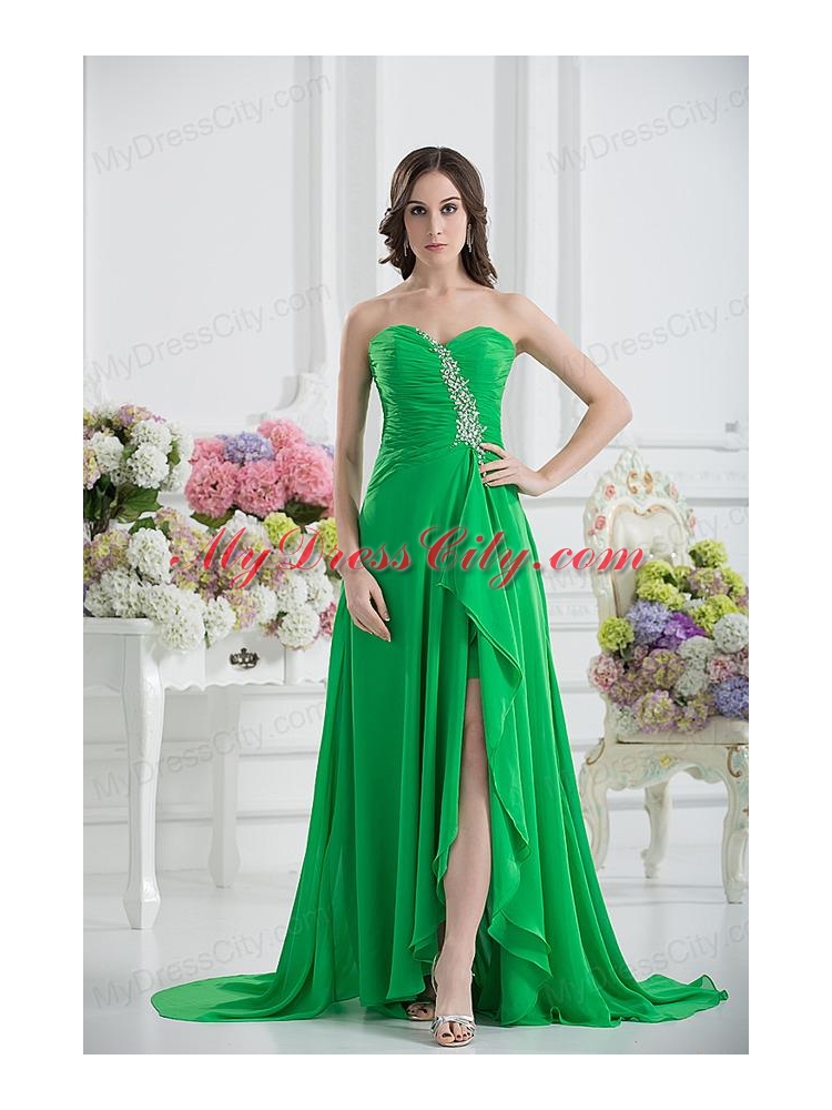 Sweetheart High Slit Beading Spring Green Prom Dress with Ruching