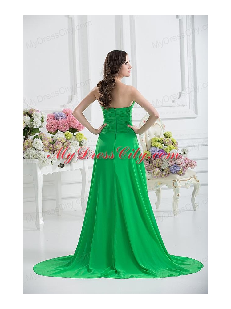 Sweetheart High Slit Beading Spring Green Prom Dress with Ruching