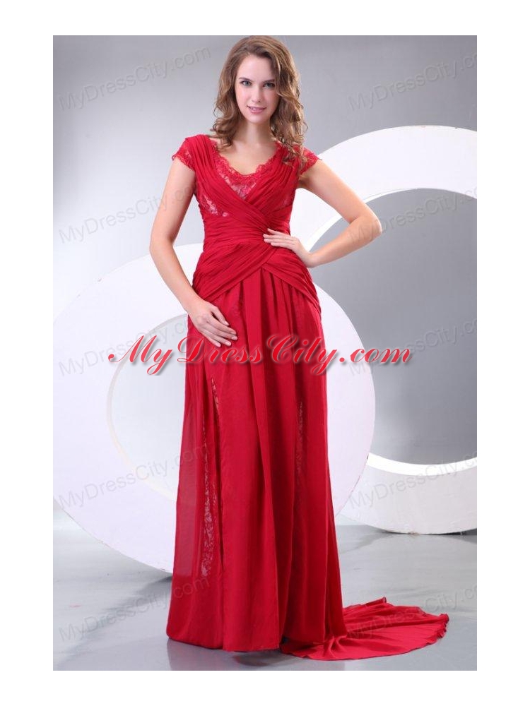V-neck Empire Watteau Train Wine Red Prom Dress with Short Sleeves