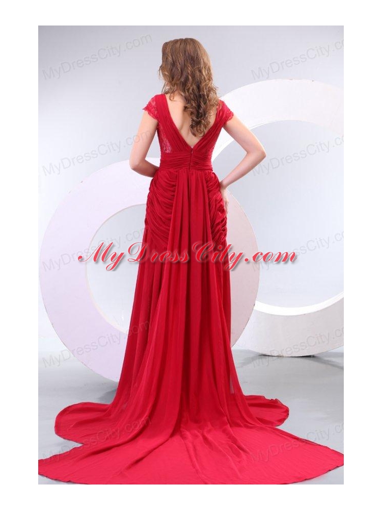 V-neck Empire Watteau Train Wine Red Prom Dress with Short Sleeves