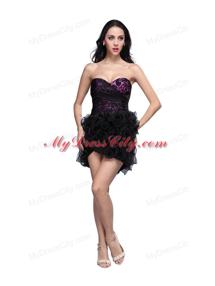A-line Black Sweetheart Ruching Hand Made Flowers Mini-length Prom Dress