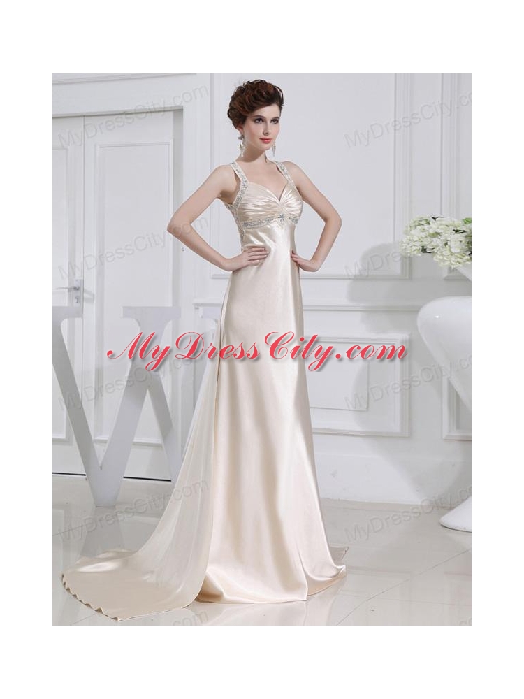A-line  Halter Top Floor-length Beading Elastic Woven Satin Prom Dress