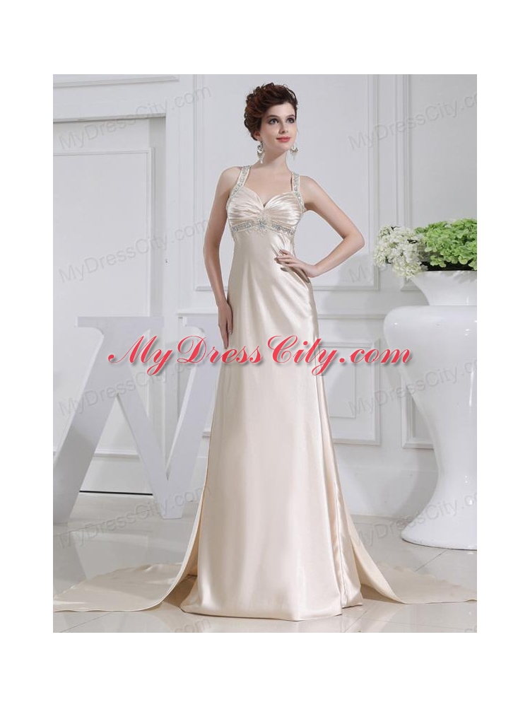 A-line  Halter Top Floor-length Beading Elastic Woven Satin Prom Dress