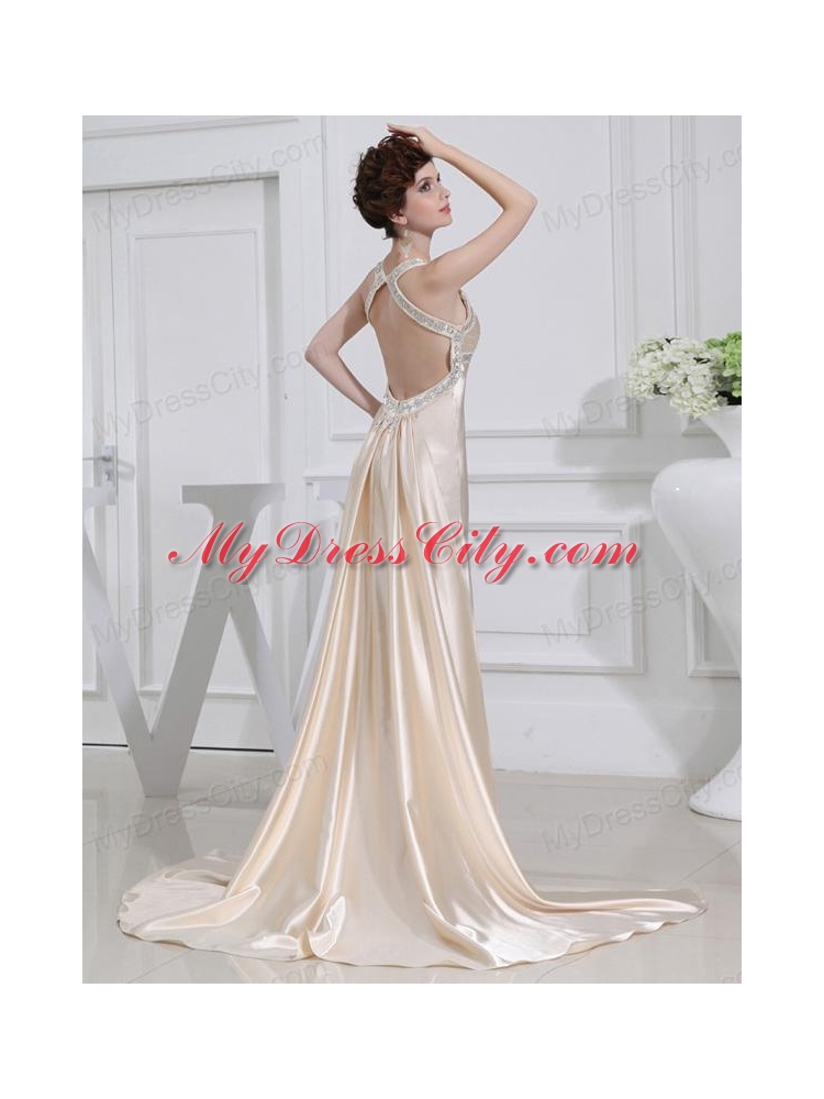 A-line  Halter Top Floor-length Beading Elastic Woven Satin Prom Dress