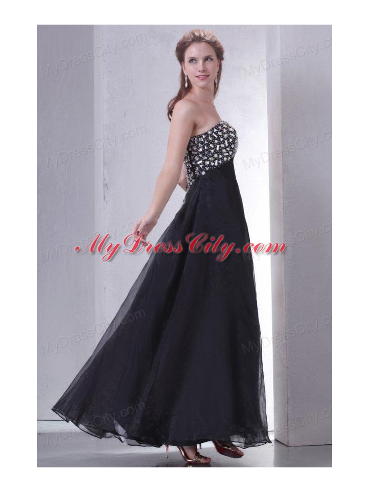 A-line Sweetheart Black Organza Long Prom Dress with Rhinestone