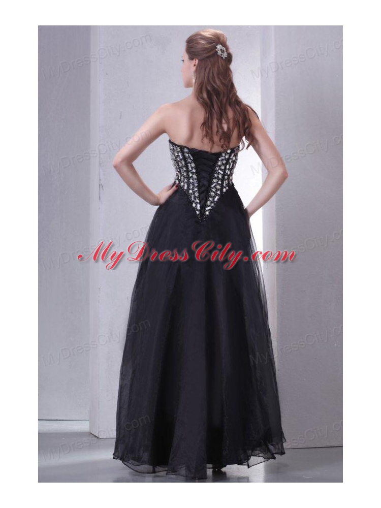 A-line Sweetheart Black Organza Long Prom Dress with Rhinestone