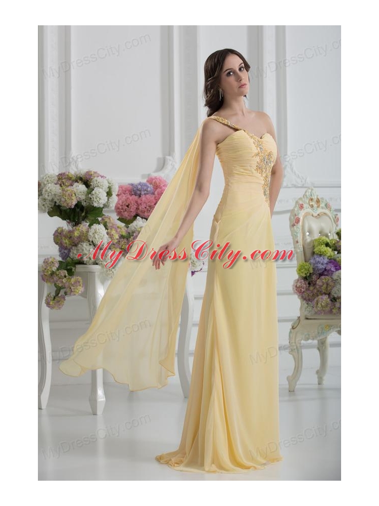 Bowknot Sweetheart Empire Watteau Train Prom Dress in Gold
