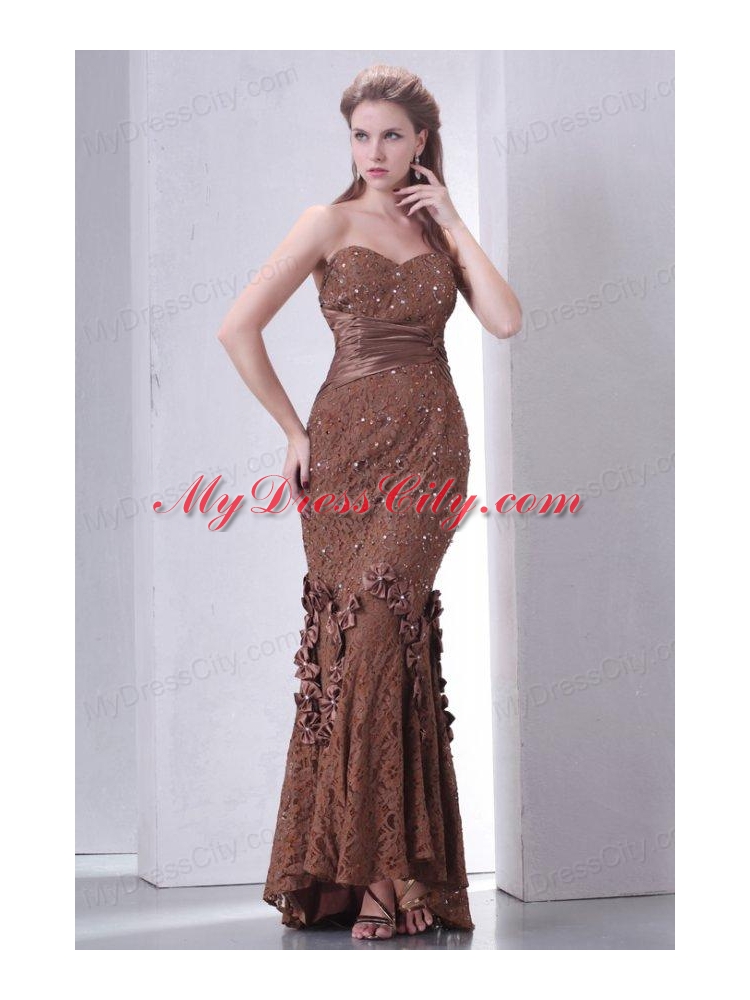 Brown Mermaid Sweetheart Prom Dress with Lace and Flowers