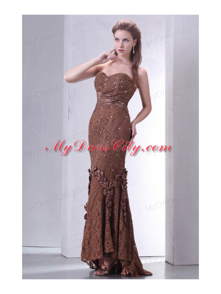 Brown Mermaid Sweetheart Prom Dress with Lace and Flowers