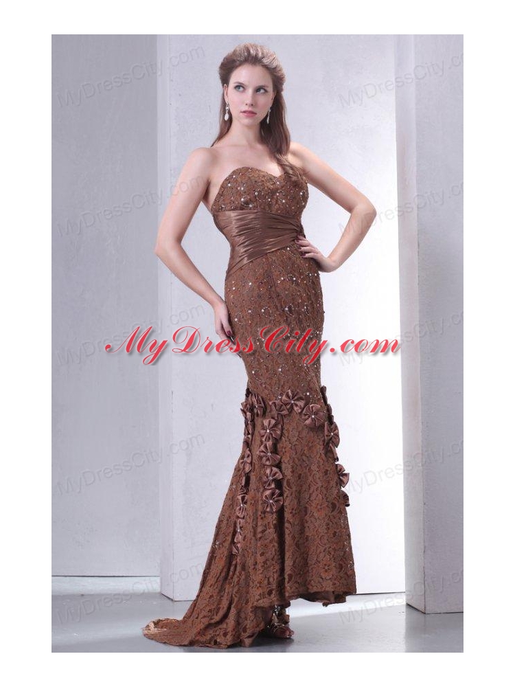 Brown Mermaid Sweetheart Prom Dress with Lace and Flowers