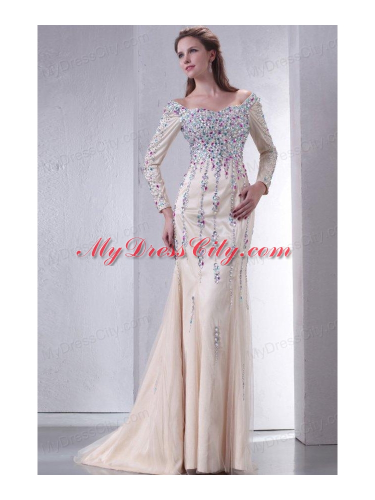 Champagne Off The Shoulder Column Beading Prom Dress with Long Sleeves